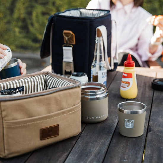 Outdoor setting with a beige cooler bag