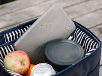 Navy cooler bag with striped lining holding fruit, a can, and a container.