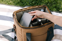 Person reaching into a striped picnic basket with a plate.