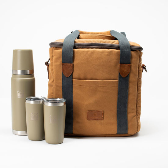 Brown insulated lunch bag with thermos and cups 