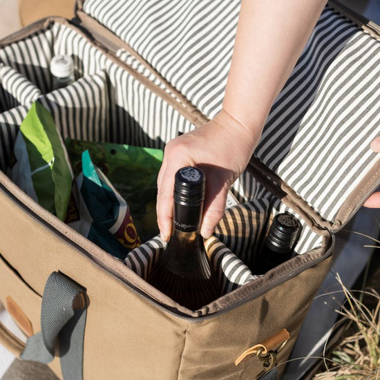 brown cooler bag with striped lining 