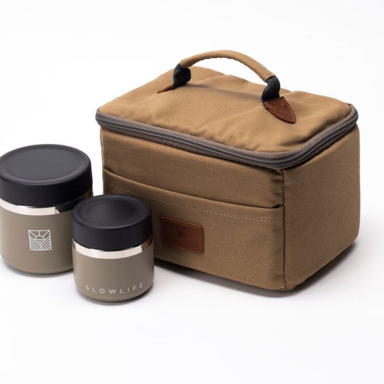 Brown insulated lunch bag with two black containers 