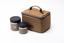 Brown insulated lunch bag with two black containers 