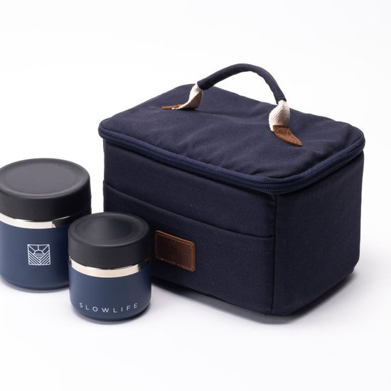 Navy blue insulated lunch bag with two matching containers