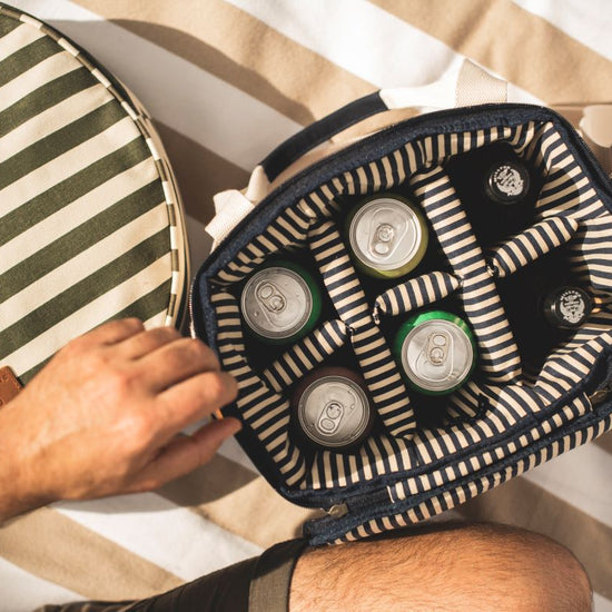  striped cooler bag with beer cans 