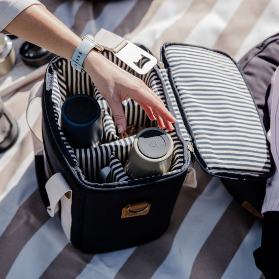 black and white striped cooler bag 