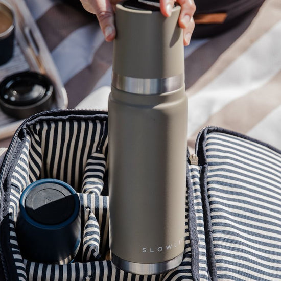silver thermos labeled Slowlife