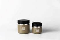 Two metallic containers with black lids