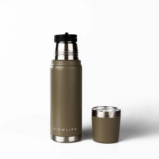 Two khaki-colored insulated bottles