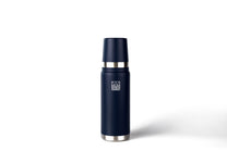 Navy blue thermos with silver base