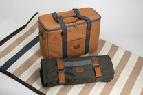 Brown and black duffel bag 