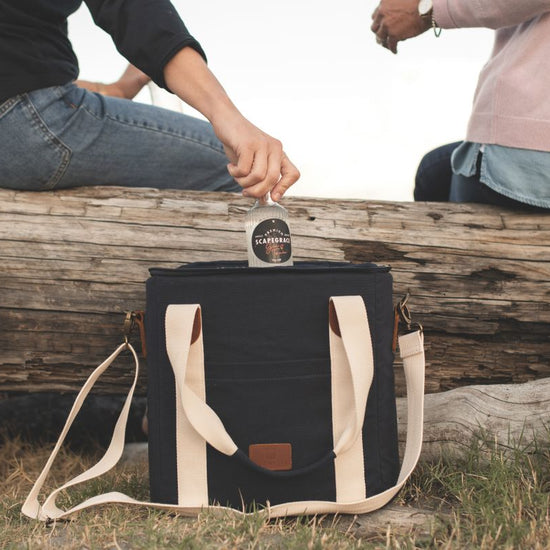 Black cooler bag with cream straps 