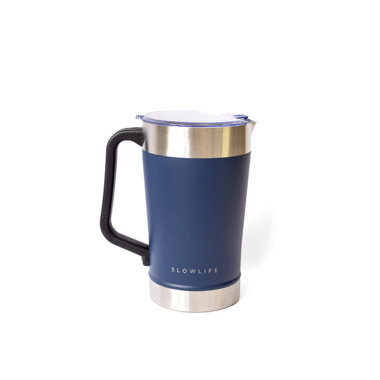 Blue travel mug with a silver base 