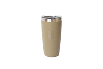 Beige tumbler with a silver rim
