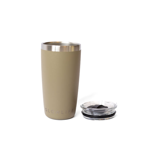 Beige tumbler with silver lid